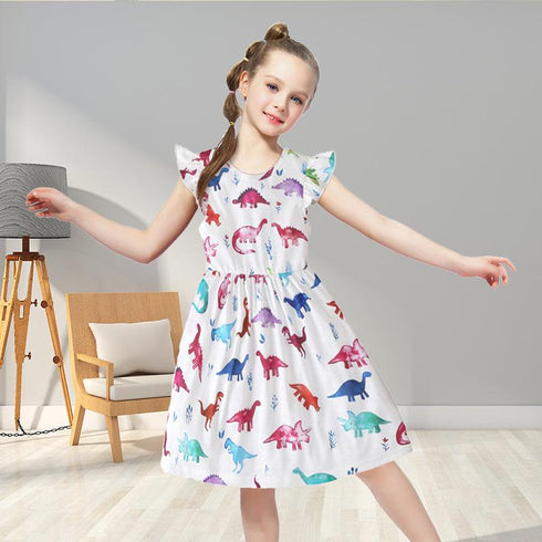 Toddler Girl Dinosaur Rainbow Cactus Print Short-sleeve Dress